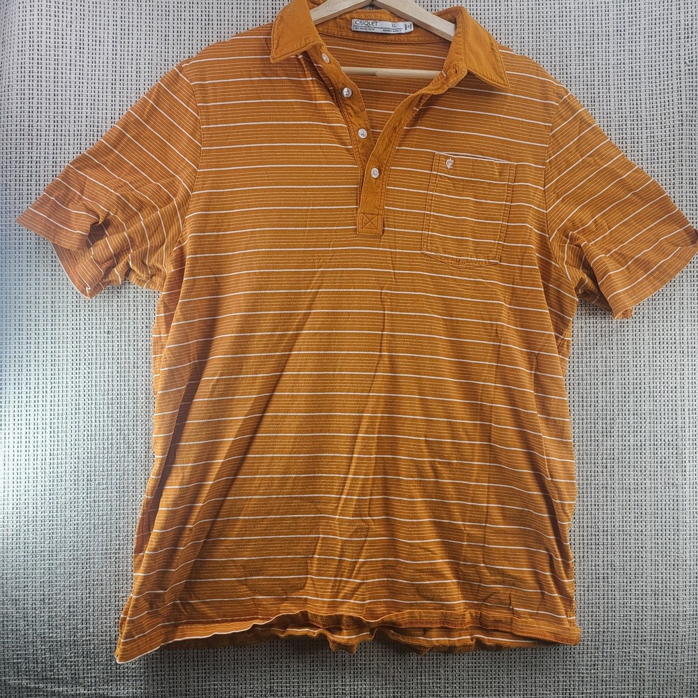 Criquet Polo Shirt Mens XL Orange Striped Organic‎ Cotton Pocket Casual Golf